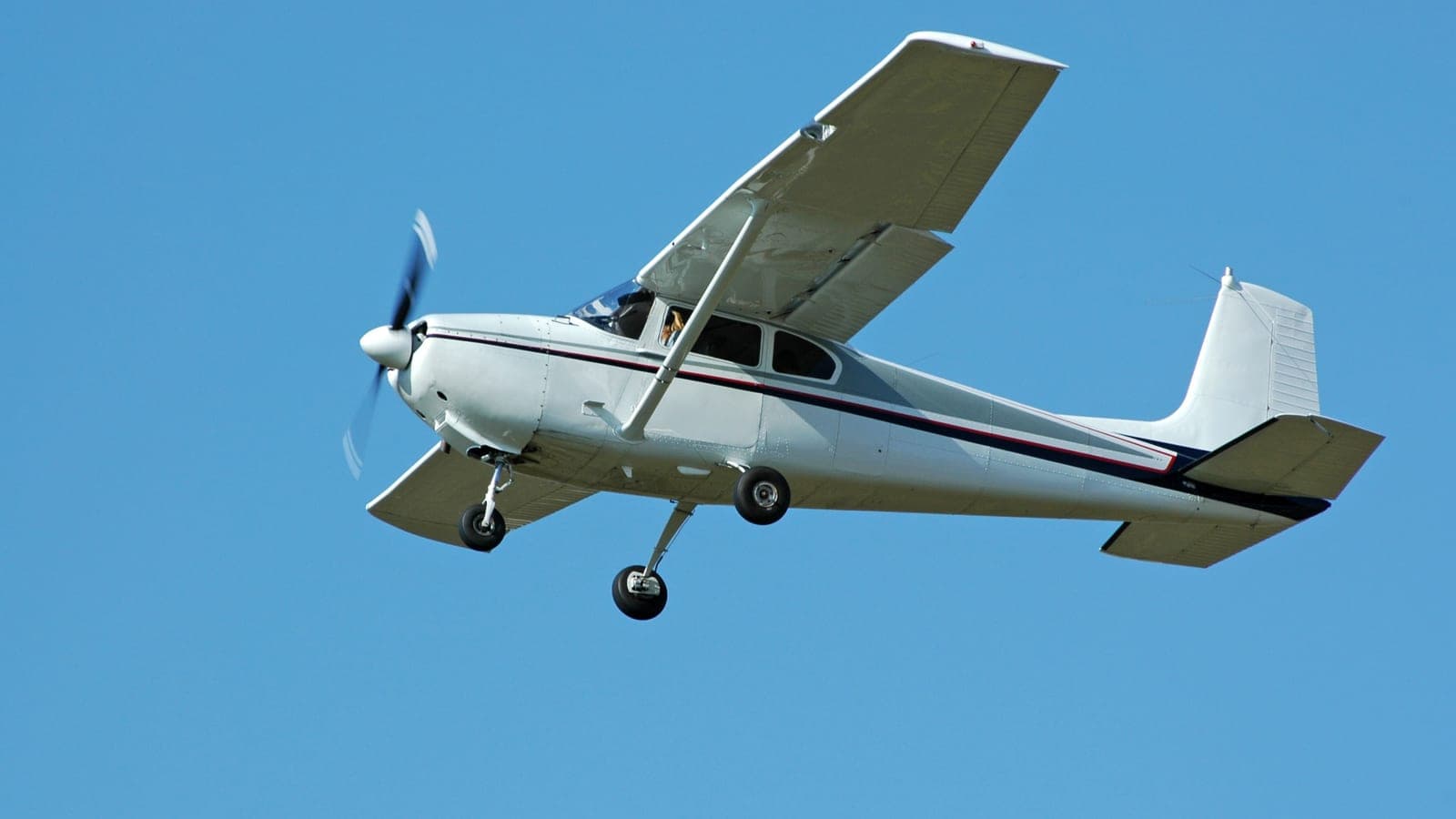 A white high-wing Cessna in flight against a clear blue sky
