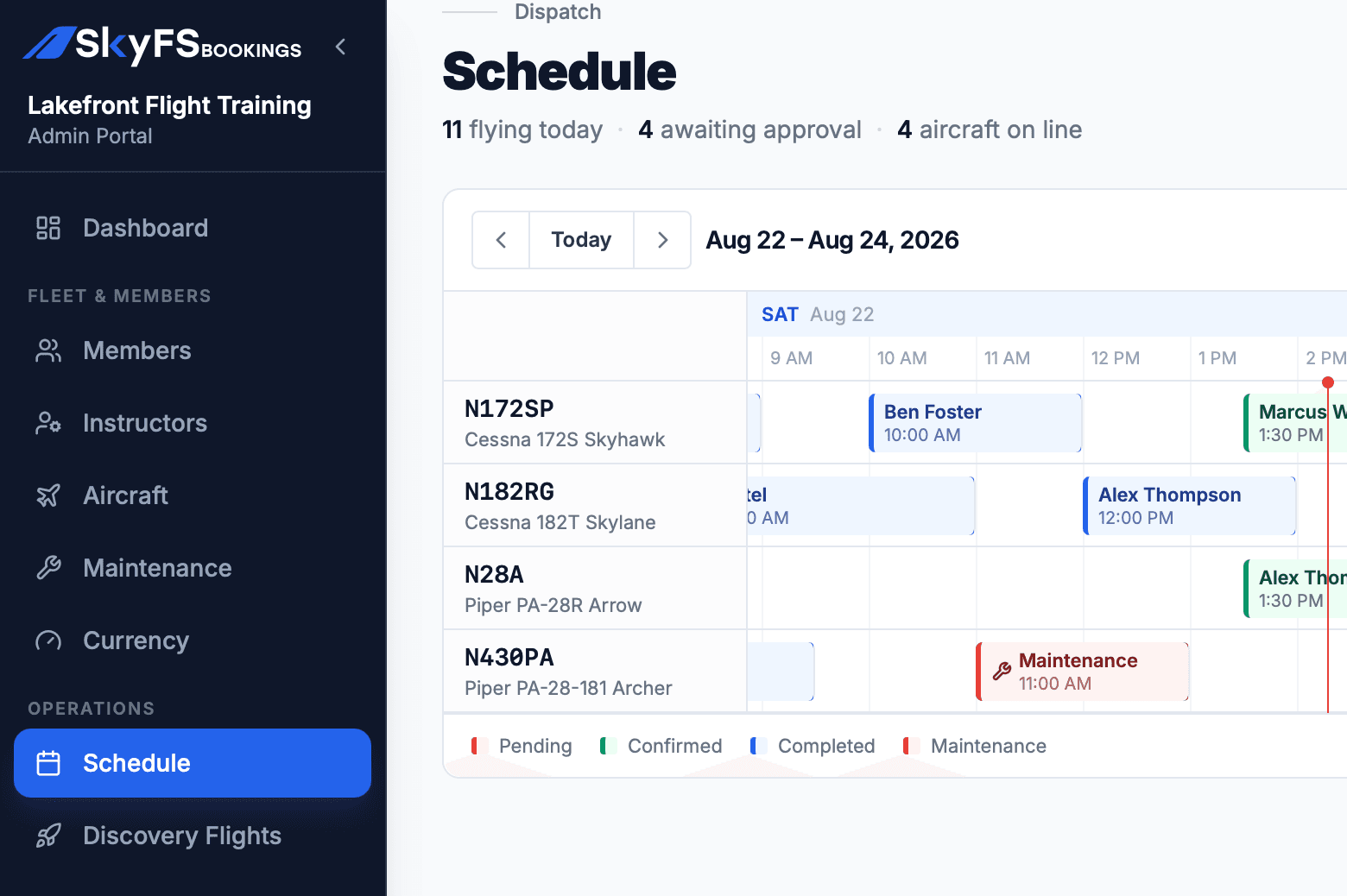 The SkyFSBookings dispatch board, showing a day of bookings across four aircraft on one timeline, color-coded by pending, confirmed, completed and maintenance.